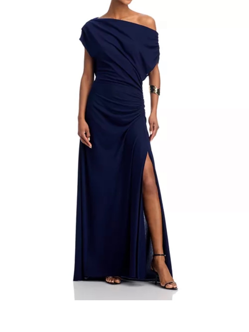 Aqua One-Shoulder Navy Evening Gown with High Leg Slit